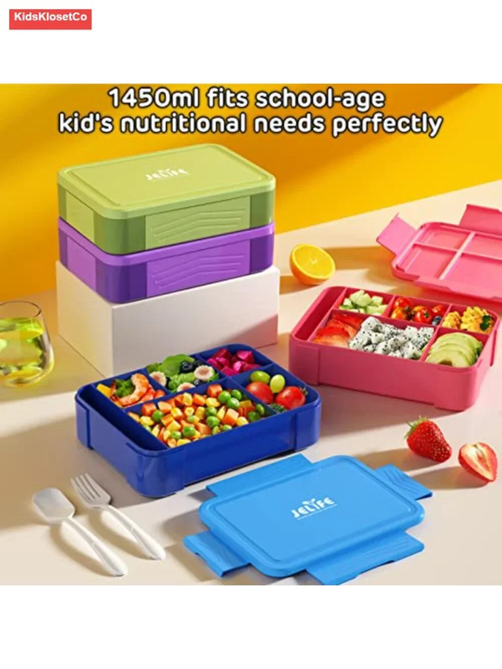 Kids Leakproof Bento Lunch Box 1450ml 6 Compartments with Utensils BPA-Free